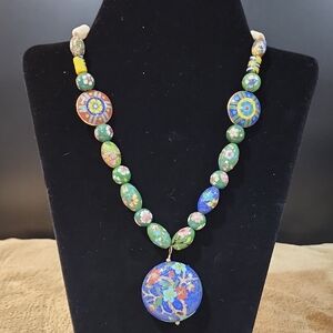 Vintage Cloisonne Round & Oval Bead Necklace with Floral Design, 13"